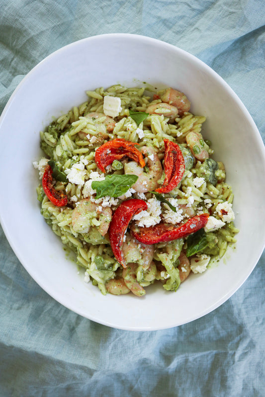 Romige pesto orzo met gamba