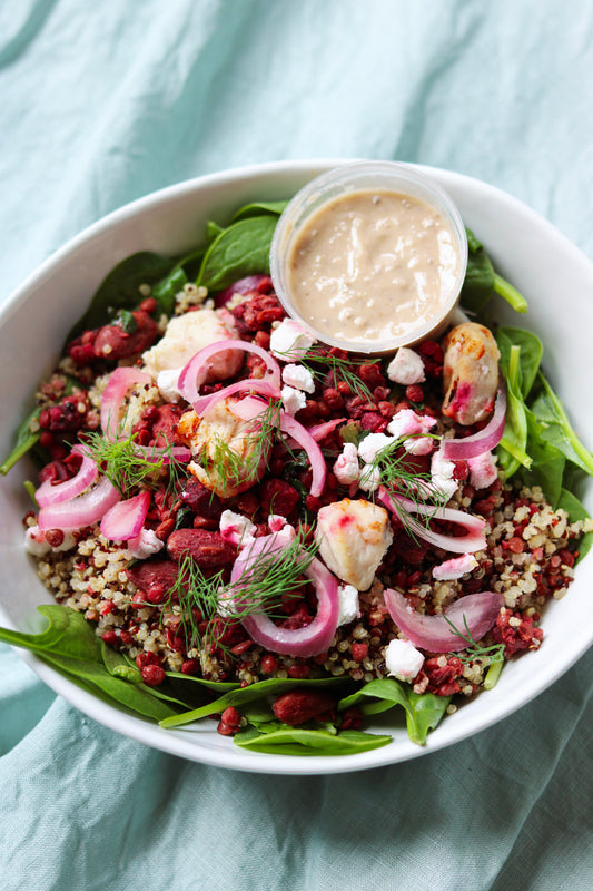 Beetroot & lentil grain bowl with chicken